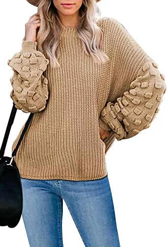 Sovoyontee Pullover & Strickmode Sovoyontee Damen überdimensioniert Rundhalsausschnitt Lose Puffärmel Klobig Stricken Niedlichen Pullover