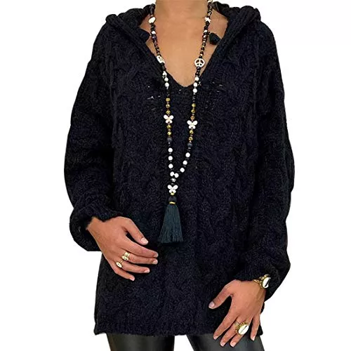 Shownicer Pullover & Strickmode Shownicer Damen Strickpullover Oversize Frauen Pullover Kapuze Langarm Shirt V-Ausschnitt Casual T-Shirt Sweater Herbst Winter