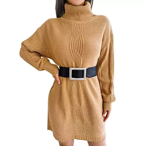 Lulupi Freizeit Lulupi Damen Strickkleid mit Gürtel Rollkragen Pulloverkleid Winterkleider Knielang Kleider Winter Pullikleid Lang Gestrickter Rollkragenpullover Geripptem Strick Puffärmeln Gestreifte Pullover Kleid