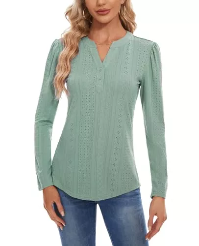 MINTLIMIT Langarmshirts MINTLIMIT Tshirt Damen Langarm Bluse Henley V Ausschnitt Langarmshirt Casual Tunika Tops Aushöhlen Oberteil