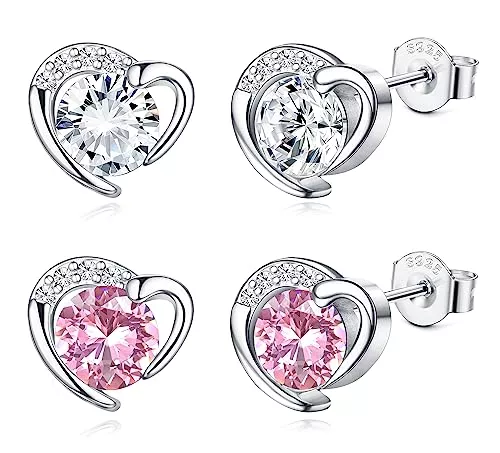 JeweBella Schmuck JeweBella 2 Paar Herz Ohrstecker Set für Damen Mädchen 925 Sterling Silber Pin Hypoallergen Herz Ohrringe Rosa Lila Blau Sleeper Knorpel Ohrringe Set für Kinder Frauen