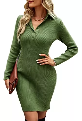 ZIYYOOHY Freizeit ZIYYOOHY Damen Pulloverkleid Geripptes Slim-fit Bleistiftkleid Einfarbig Langarm Strickkleid Revers Kragen mit Knöpfen