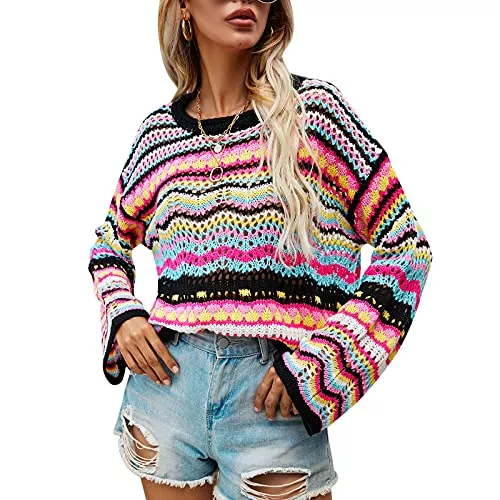 Chollius Pullover & Strickmode Damen Pullover Gestreift Bunt Kurz Strick Langarm Flared Knit Sweatershirt Herbst Winter Top Chic Plus Size Pullover Trendy Daily Langarm Rundhalsauschnitt Sweatshirts S-XL