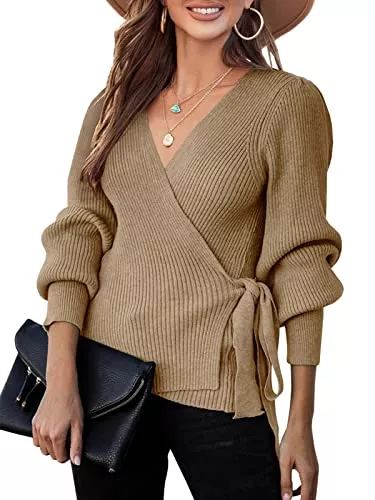 Saodimallsu Pullover & Strickmode Saodimallsu Damen V-Ausschnitt Wrap Pullover Lose Fledermaus Langarm Sexy Strickpullover Krawatte Rippen Sweatshirt