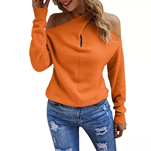 Generic Pullover & Strickmode Pullover Damen Strickpullover Lässig Schulterfrei Oberteile Elegant Langarmshirt Gekreuzter V-Ausschnitt Einfarbige Strickpulli Damen Off Shoulder Pulli Langarm Sweatshirt Tunika Tops