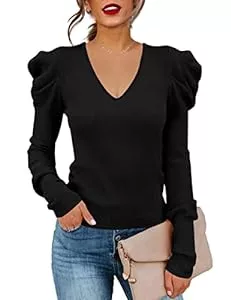 Amarmia Pullover & Strickmode Amarmia Damen Pullover mit langen Puffärmeln und V-Ausschnitt, gerippt, einfarbig, weich, schmale Passform, Bluse, Tops