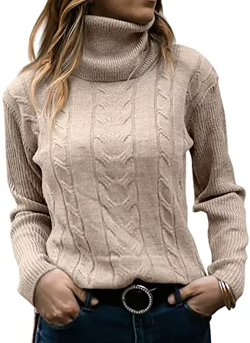 GeGekoko Pullover & Strickmode GeGekoko Pullover Damen Rollkragenshirt Cable Knit Elegant Langarm Tops Lose Grobstrick Casual Weich Jumper Sweater