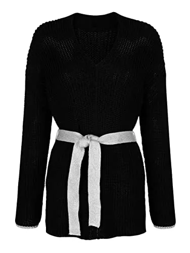 Alba Moda Pullover & Strickmode Alba Moda Longpullover Damen VAusschnitt Langarm mit glänzendem Bindeband Uni