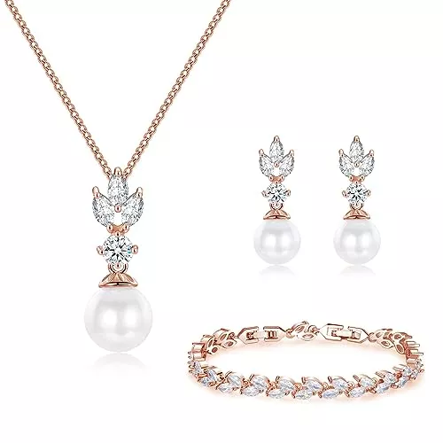 CRASLYMO Schmuck CRASLYMO Schmuckset Rosegold für Damen, Hochzeit Schmuckset Perlen Ohrringe Halskette Armband, Brautschmuck Set mit 5A Funkeln Zirkonia Blumen Silber 925 Schmuck mit Geschenkbox