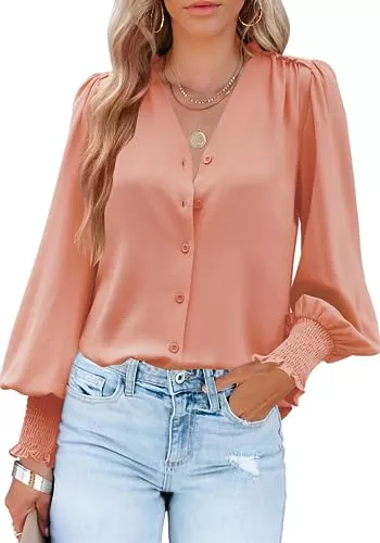 Odosalii Langarmblusen Odosalii Damen Bluse Elegant V-Ausschnitt Laternenärmel Langarmshirt Knopfleiste Hemd Longshirt Oberteile Top T-Shirts
