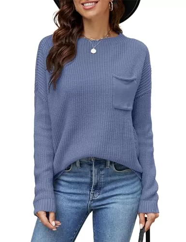 Beluring Pullover & Strickmode Beluring Damen Strickpullover Casual Langarm Oberteile Herbst Winter Rundhals Sweater mit Tasche