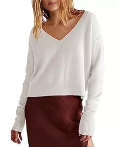 Ebifin Pullover & Strickmode Ebifin Damen Pullover mit V Ausschnitt Langarmshirt Knitted Basic Stretch Sweater Oberteile Strickpullover Sweatshirt.