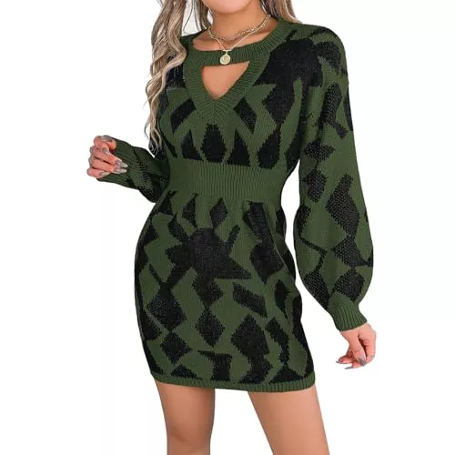 Ejoyous Freizeit Ejoyous Damen Strickkleid mit Langen Ärmeln, Rundhals-Strickkleider mit Langen Ärmeln modischer Pullover mit Puffärmeln und tailliertem Bodycon