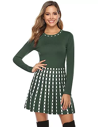 Gyabnw Freizeit Gyabnw Damen Strickkleid A Linie Kleid Rollkragen Pullover Elegante Minikleid Langarm Winterkleid Streifen Optik Strickpullover Retro Kleid für Freizeit Cocktail