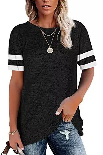 ANFTFH T-Shirts ANFTFH Damen Tops Kurzer Ärmel Sweatshirt mit Streifen Rundhals Ausschnitt Hemd Jumper Bluse