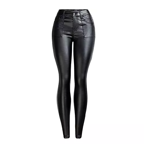 Faringoto Hosen Faringoto Jeans Damen Sexy PU-Leder Schwarz Jeans Bleistift Hose High Wasit Leopard Farbe Herbst und Winter Slim Skinny Hose
