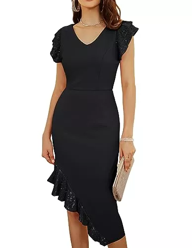 GRACE KARIN Cocktail GRACE KARIN Damen V-Ausschnitt Cocktailkleid Flatter Kurzarm Bodycon Kleid Pailletten Unregelmäßig Saum Business Party Kleid