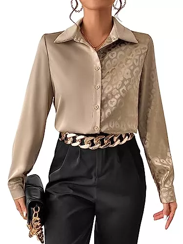 GORGLITTER Langarmblusen GORGLITTER Damen Satin Blusen Elegant Tunika Hemdbluse Umlegekragen Oberteile OL Business Bluse mit Leopard Muster