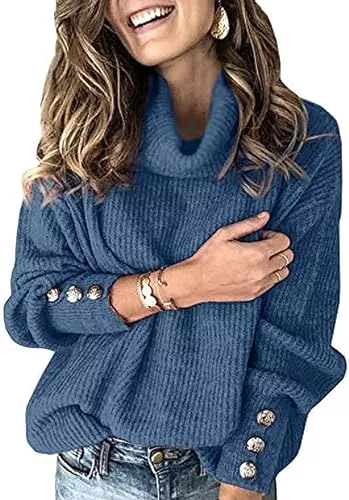 Wenrine Pullover & Strickmode Wenrine Damen Rollkragen Pullover Winter Langarm Lose Strickpullover Casual Warm Gestrickt mit Metallknöpfen