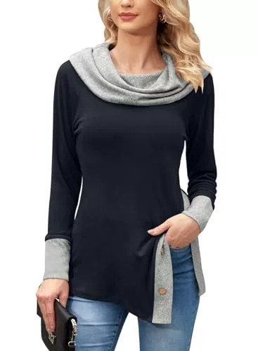 BesserBay Pullover & Strickmode BesserBay Damen Pullover Sweatshirt Langärmelige Oberteile Seitenschlitz mit Tasten Patchwork-Farben Pendler Leicht