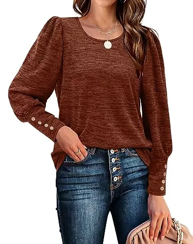 Aokosor Pullover & Strickmode Aokosor Pullover Damen Rundhals Puffärmel Langarmshirts Casual Strickpullover mit Knöpfen Elegant Herbst Sweatshirt Oversize Oberteile