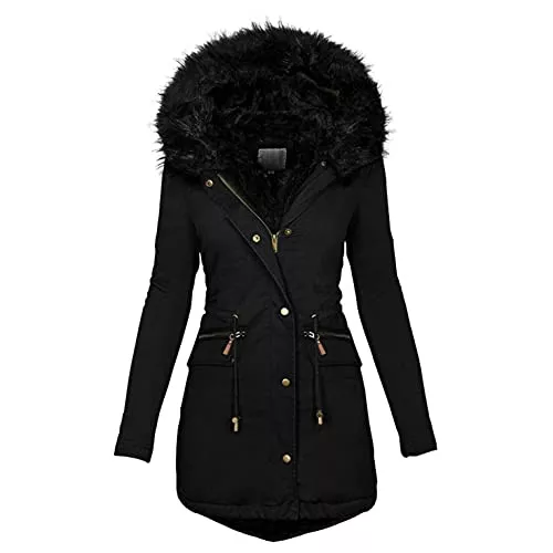 Kobilee Mäntel Kobilee Winterjacke Damen Lang Warm Gefüttert mit Fell Kapuze Mantel Parka Elegant Tailliert Grosse Grössen Wasserdicht Wintermantal Winterparka