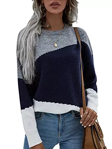 ASOMI Pullover & Strickmode ASOMI Strickpullover Damen Gestreift Rundhals - Elegant Winter Pullis Warm Herbst Strickpulli Sexy Schulterfrei Damenpullover Mode Boho Bunt Farbblock Gestrickt Winterpullover Langarm