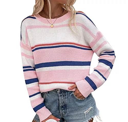 GOWEGB Pullover & Strickmode Regenbogen-Strickpullover für Damen, Y2K-Strickpullover, Farbblock, Rundhalsausschnitt, Langarm-Pullover