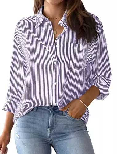 NONSAR Langarmblusen NONSAR Bluse Damen Elegant Langarm Streifenbluse Hemden mit Knöpfen Casual Büro Arbeit Blusen Baumwolle Tunika Hemd Oberteile Tops