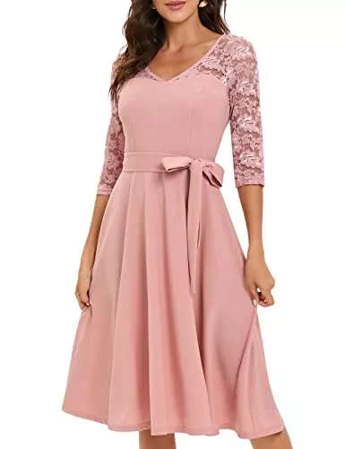 Bbonlinedress Cocktail Bbonlinedress Rockabilly Kleider Damen 3/4 arm V-Ausschnitt Midi Langarm Festliche Kleider für Hochzeit Vintage Cocktailkleid