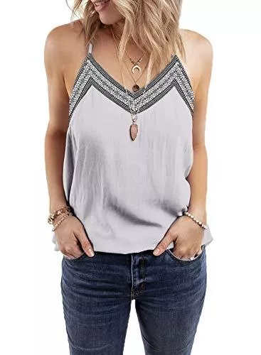 Bequemer Laden Ärmellose Blusen Damen Ärmellose V-Ausschnitt Shirt Sommer Elegant 0berteile Verstellbarer Spaghettiträger Bluse Casual Loose Tank Top with Stickerei
