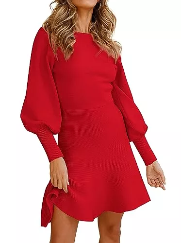 Neitooh Freizeit Neitooh Strickkleid Damen Winter Rollkragen Minikleid Puff Ärmel Strickkleider für Damen, Winterkleid Hohe Elastizität Pulloverkleid Damen Herbst Winter Knitted Dress S-XXL