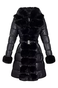 Giolshon Mäntel Giolshon Damen Puffer Mantel Kunstleder Winter Fluffy Pelz Hood Elegante Gürtel Jacke