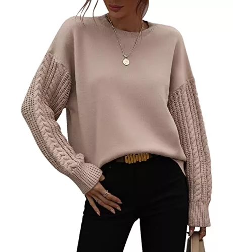KOOSUFA Pullover & Strickmode KOOSUFA Strickpullover Damen Rundhals Strickpulli Grobstrick Zopfmuster Langarm Strickoberteile Oversize Herbst Winter Pullover S M L XL