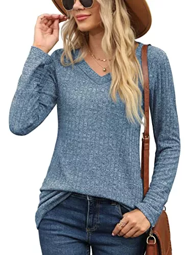 PrinStory Pullover & Strickmode PrinStory Damen Langarmshirts V-Ausschnitt Sweatshirt Lässig Tunika Einfarbig Pullover