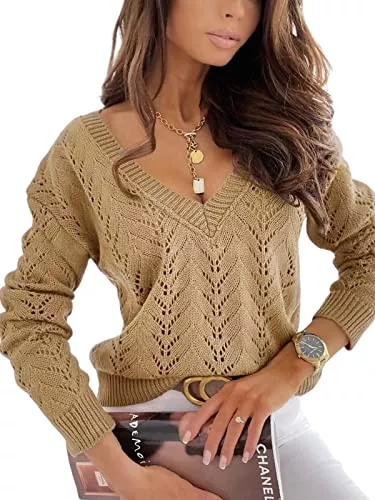 CUPSHE Pullover & Strickmode CUPSHE Damen Strickpullover V Ausschnitt Langarm Lochstrick Pulli Oberteile Tops Lässig Knit Sweater