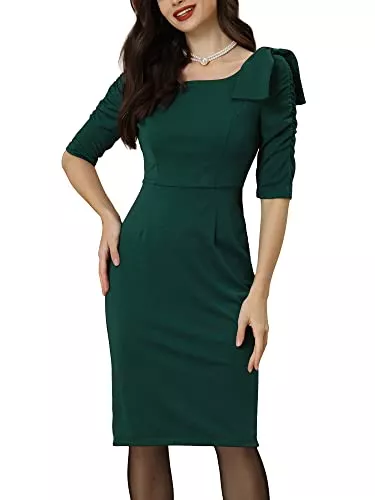 Allegra K Business Allegra K Damen Etuikleid 3/4 Ärmel Business Casual Square Neck Bodycon Bow Ruffle Kleid