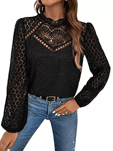 GORGLITTER Langarmblusen GORGLITTER Damen Elegant Blusen Stehkragen Oberteiel Hemdbluse Langarm Spitzen Tunika Bluse mit Laternenärmeln