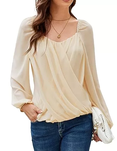 GRACE KARIN Langarmblusen GRACE KARIN Damen Langarm Bluse Elegant V-Ausschnitt Falten Oberteil Lose Tshirt