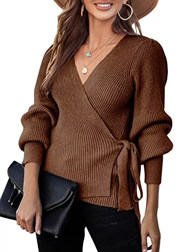 Saodimallsu Pullover & Strickmode Saodimallsu Damen V-Ausschnitt Wrap Pullover Lose Fledermaus Langarm Sexy Strickpullover Krawatte Rippen Sweatshirt