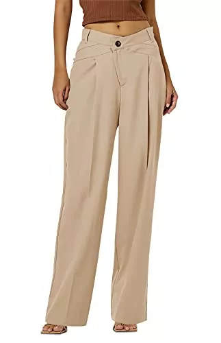 Feziakuk Hosen Feziakuk Damen Palazzo Hose Einfarbig Weite Beine Hosen Casual Stoffhose Mode Knopf Anzughose Freizeithose