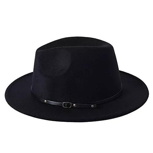 QUUPY Hüte & Mützen QUUPY Damen Herren Klassischer Jazzhut Vintage breite Krempe Fedora Hut mit Leder Gürtelschnalle Filz Panama Gatsby Hut Schwarz