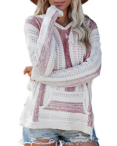 Saodimallsu Pullover & Strickmode Saodimallsu Damen V-Ausschnitt Kapuzenpullover Gestreifte Lose Langarm Leichter Pullover Strickpullover mit Tasche Schwarz