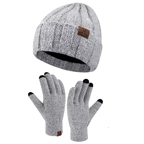 Bequemer Laden Hüte & Mützen Damen Winter Warm Mütze und Touchscreen Handschuhe Set mit Fleece Gefütterte, Thermo Wintermütze Strickmütze Beanie Winterhandschuhe Strickhandschuhe