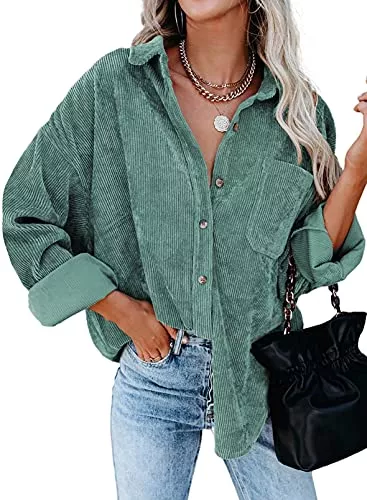 Necooer Langarmblusen Necooer Damen Cordhemden Boyfriend Langarm Button Down Blusen Tops