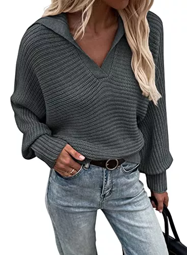 LUVOEURE Pullover & Strickmode LUVOEURE Damen Polokragen Strickpullover V-Ausschnitt Langarm Sweater Lose Casual Grobstrick Pullover Sweatshirt Elegant Winter Pulli S-XL