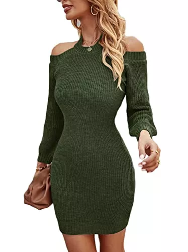 Tomwell Freizeit Tomwell Pulloverkleid Damen Schulterfrei Strickkleid Elegant Tunika Kleid Einfarbig Causual Warme Minikleid Sexy Partykleid Club Winterkleid