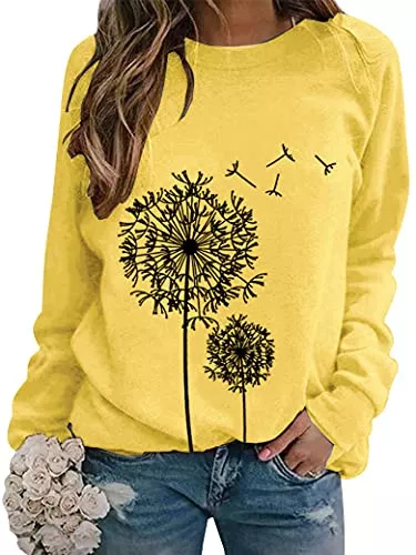 Dresswel Pullover & Strickmode Dresswel Damen Löwenzahn Sweatshirt Langarmshirt Pusteblume Drucken Pullover Herbst Winter Bluse Tops Oberteile