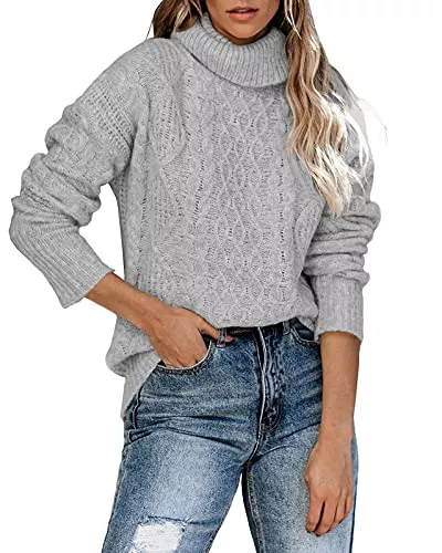 Saodimallsu Pullover & Strickmode Saodimallsu Damen-Pullover, grob, Zopfmuster, Rollkragen, lockerer Halsausschnitt, langärmelig