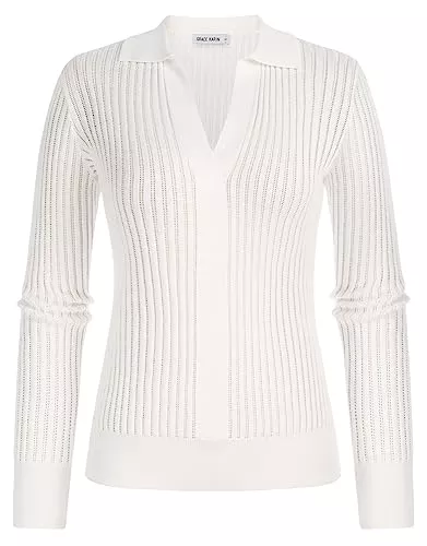 GRACE KARIN Pullover & Strickmode GRACE KARIN Damen Bluse Langarm Basic Shirt V-Ausschnitt Einfarbige Sweater Gestreifter Elegant Strickpullover mit Reverskragen Tops